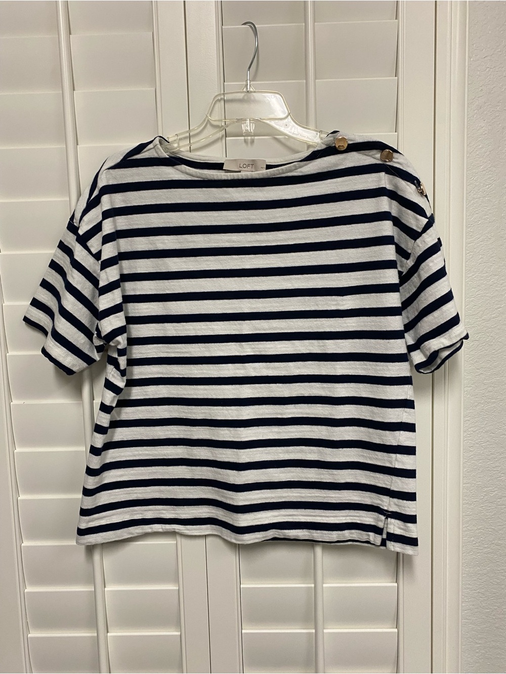 LOFT Navy and White Striped Petite Top with Button Detail